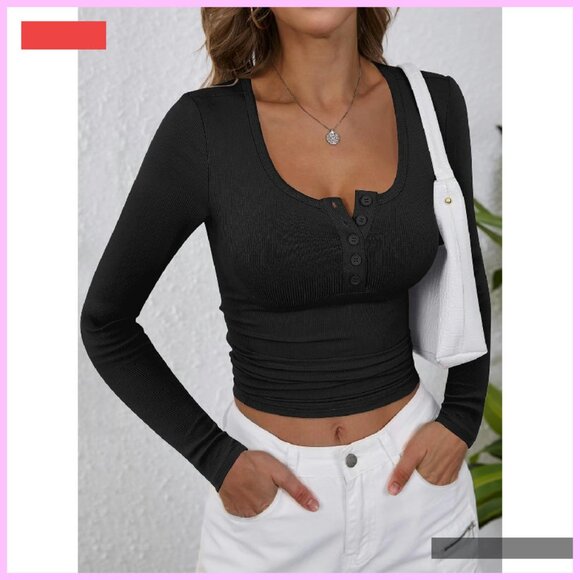 Ribbed Knit Long Sleeve Henley Top Slim Fitted Tee Layering Basic - Picture 2 of 4